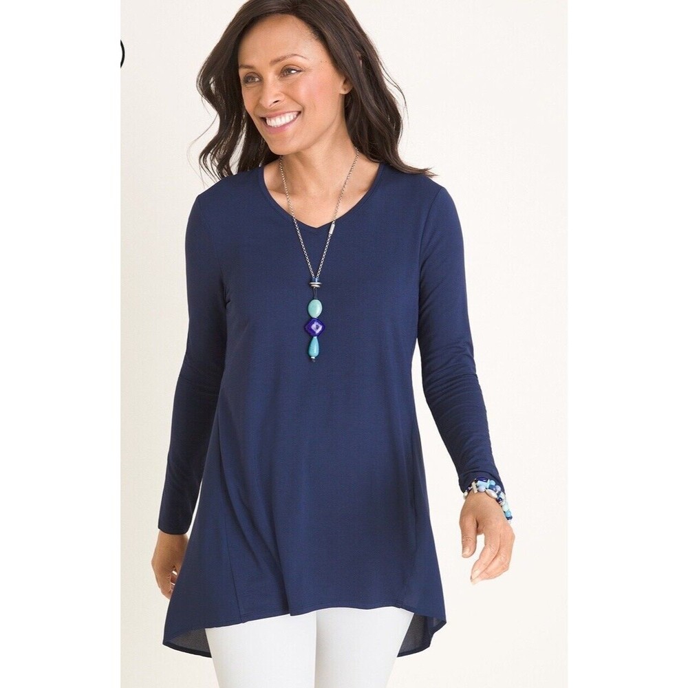 Chico's Navy Blue Woven Sheer Back Tunic Top Long Sleeve Size 1 Medium Flowy EUC